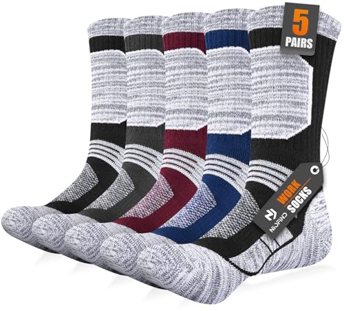 Niofind Mens Work Socks Full Cushioned Hiking Boot Socks, Breathable Cotton Outdoor Sports Crew Sock for Walking Cycling Running Multipack 5 Pairs, Multicolor 9-11