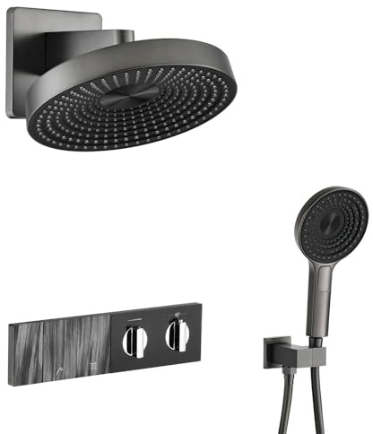 HKTHE Duschpelare med termostatblandare, digital LED-display, moderna pianotangenter, HSS0629 infälld duschset, 12 tum/300 mm duschhuvud, väggmontering, 59A mässing