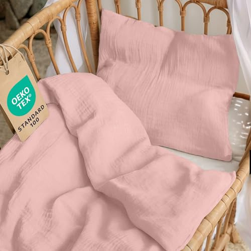 Dreamzie Baby Sängkläder Set 80x80 i 100% Bomull - Bomull Gaze Påslakan 80x80 cm + Örngott 35x40 cm, OEKO-TEX Certified - Rosa Färg