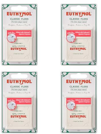 Euthymol rosa tandtråd 50 m x 4, vegansk vaxbeläggning, mintsmak, bred tandtråd för hängslen, broar och implantat, blekning och fläckförebyggande, effektiv plackborttagare, lätt att använda