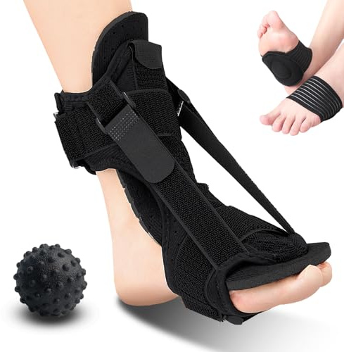 WwuHua Attelle de nuit pour fasciite plantaire, éperon calcanéen avec balle de massage et soutien de la voûte plantaire, bandage pour les pieds, 3 sangles réglables, attelle de soulagement, éperon