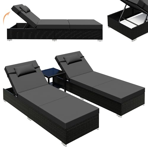 UDPATIO Solstol set med 2 personer, 3 trädgårdsmöbler, loungeset utomhus inkl. 2 polyrattan trädgårdssängar väderbeständiga & 1 bord, solstolar för trädgård, terrass (svart-melerade och gråa örngott)