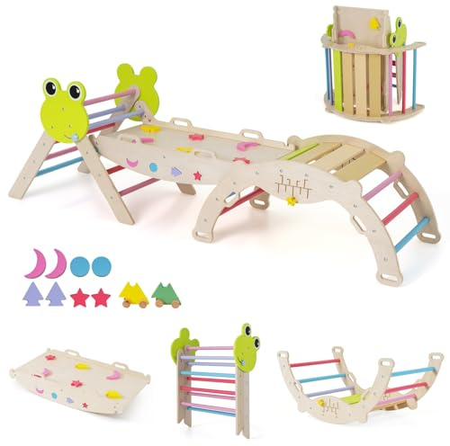 RELAX4LIFE 10 en 1 Escalada Montessori con Arco, Rampa y Escalera, Escalada Niños, Triángulo de Escalada Plegable de Madera de Haya para Niños de 1+ Año (Colorido)