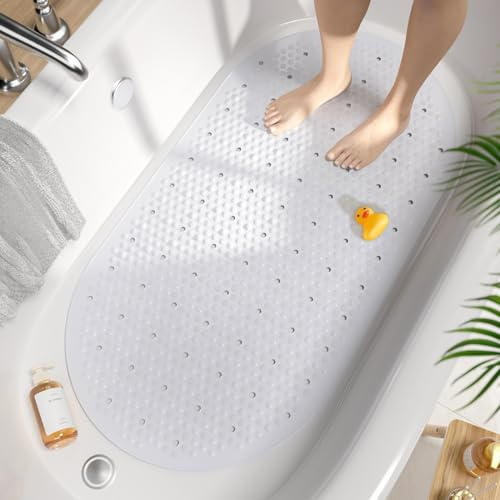 HITSLAM Oval Bath Mat Non Slip Anti Mould Kids Shower Mat, 68x38cm, White | Bubble Texture Bathtub Mat, Strong Suction Cups, Drain Holes, Soft On Feet, Machine Washable, Dedicated Safety For Children