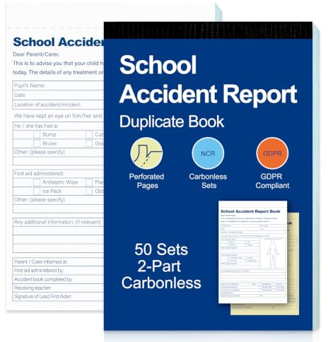 1 Pack Accident Book A5 School Accident Report Book Incident Report Carbonless Duplicate Book 2-Part 50 Sets with Both Copies Perforated for Schools Educational Institutions