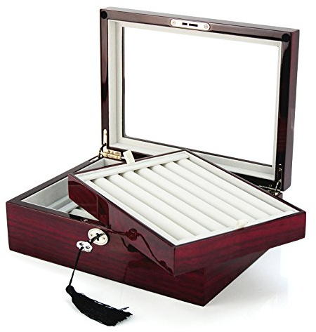 Deluxe Jewelry Cufflinks Collector's Storage Presentation Box Case Mahogany Double-Decker Gift