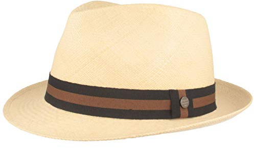 Breiter ORIGINAL Panama-Hut | Stroh-Hut | Sommer-Hut aus Ecuador – Schmaler Trilby - Handgeflochten, UV-Schutz, Bruchschutz - Natur (blau-braunes BD), M