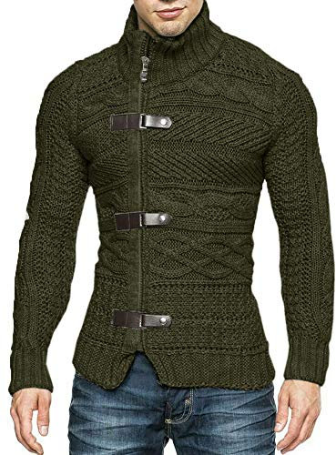 Karlywindow Herren Strickjacke mit Zopfmuster, Reißverschluss, Knopfleiste vorne, langärmelig, Grün (Army Green), Mittel