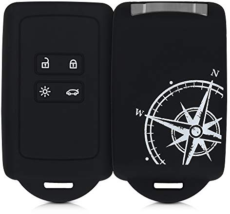kwmobile Autoschlüssel Hülle kompatibel mit Renault 4-Tasten Smartkey Autoschlüssel (nur Keyless Go) - Silikon Schutzhülle Schlüsselhülle Cover Kompass Vintage Weiß Schwarz