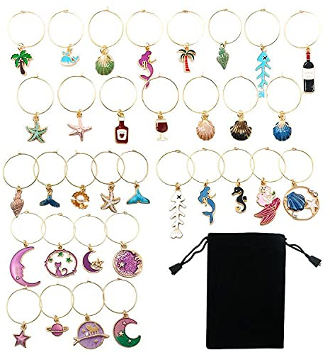 NA Allazone 33 PCS Segnabicchieri Charms Marcatori per Bicchieri da Vino Bicchiere da Vino Tags e Custodia per Bar Cucina Bomboniere Decorazioni per Feste