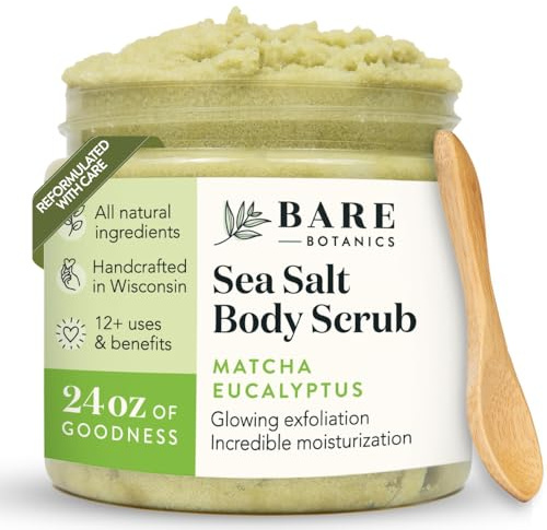 Bare Botanics 640 ml Matcha eukalyptus havssalt kroppsskrubb naturlig exfoliator