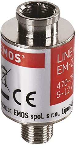 EMOS Amplificateur de Ligne Satellite en Ligne 20 DB (Plage de fréquence 470-790 MHz) pour DVB-T2, télévision par câble ou antennes J5709 Argenté 2 x 4,2 cm