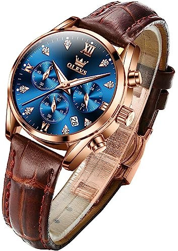 OLEVS Women's Watches Brown Leather Strap Analog Quartz Rose Gold Female Watches Multifunction Chronograph Diamond Waterproof Luminous Ladies, Rose Gold&Blue, Dress Watch