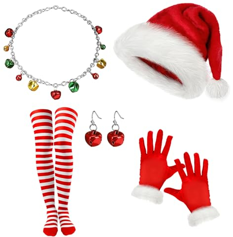 HOWAF Weihnachtsmann Kostüm Damen, Weihnachtsmütze Weihnachtsmann Mütze Nikolausmütze Erwachsene Handschuhe Weihnachts Halskette Ohrringe Weihnachtsstrümpfe Weihnachtskostüm Karneval Fasching Kostüm