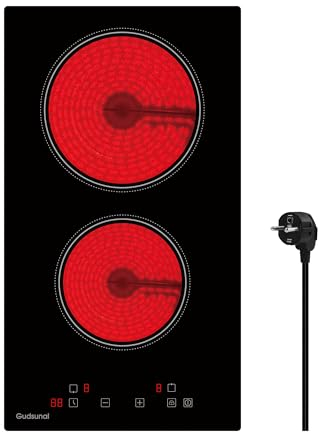 Gudsunal Plaque Vitrocéramique 2 Feux Encastrable, 3000W, 9 Niveaux de Puissance, Minuteur, Arrêt Automatique, Verrouillage Enfant, Indication de Chaleur Résiduelle,Table de Cuisson à 2 Feux,Noir