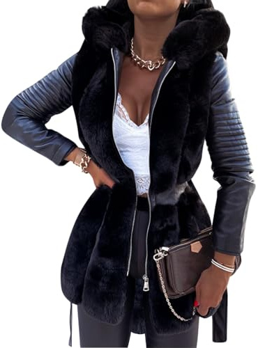 ORANDESIGNE Giacca da Donna in Finta Pelle con Colletto in Pelliccia Sintetica e Cintura Linea ad A Cappotti Invernali a Maniche Lunghe Alla Moda Cappotti Invernali Caldi E Nero L