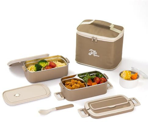 Lille Home 1900ml Bento Box Adulto, compartimento de acero inoxidable Tiffin Buthing Box, recipiente de alimentos de 2 niveles con bolsillo de almuerzo y tazón de sopa