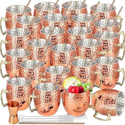 Moscow Mule Mugs Set 24 Pack Moscow Mule Copper Mugs 18oz Bulk Large Copper Hammered Plating Cups with Handle,1pcs 0.5oz Double Jigger, 24pcs Stainless Steel Straws for Cold Chilled Drinks Cocktails