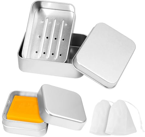 2Pcs Boîte à Savon en Aluminium Étanches Portable, Mallette de Rangement Rectangulaire en Métal à Savon, Boîte à Savon Carrée en Argent avec couvercles Bacs d'Égouttage Sachets pour Shampooing Solide