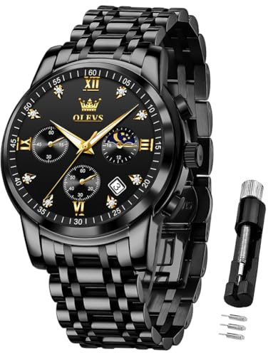 OLEVS Herrenuhren Schwarz Edelstahlarmband Quarz Uhr Männer mit Diamant Datum Wasserdicht Leuchtende Klassische Elegantes Armbanduhr Geschenk