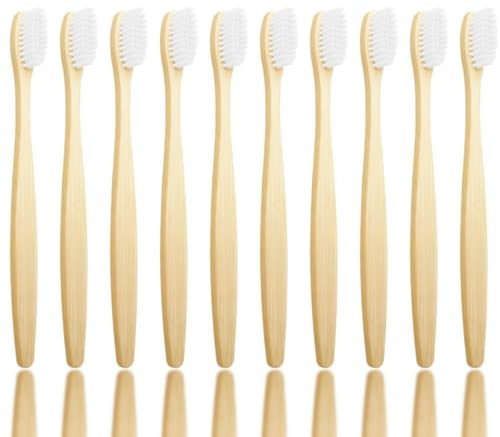 HGH® 10er Pack Bambus Zahnbürsten Set | Weiche Borsten, BPA-frei | Umweltfreundliche, biologisch abbaubare Holzkohle Zahnbürste (Weiß) | Toothbrush | Bambus Zahnbürste weich