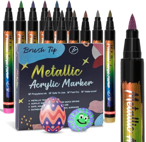 Metallic Pens Acrylic Paint Markers : 12 Colours Acrylic Pens for Rock Painting, Black Paper Scrapbook Accessories, Christmas Gifts, Ceramic, Glass, Waterproof Paint DIY Art Crafts, Brush Tip ﻿