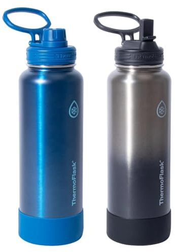 ThermoFlask Stainless Steel Water Bottle, 40 oz, 2-Pack (Silver/Blue Brushed)