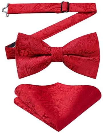 Enlision Nœuds Papillon Rouge Homme et Mouchoir avec Crochet déjà lié et Réglable Nœud Papillon à Motif Cachemire Carré de Poche Ensemble