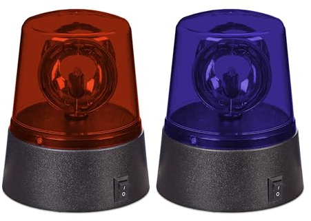 Relaxdays Lampada Polizia Party, Set 2 LED Lampeggianti, Riflettore Girevole, a Batteria, Luce Stroboscopica, Blu Rosso