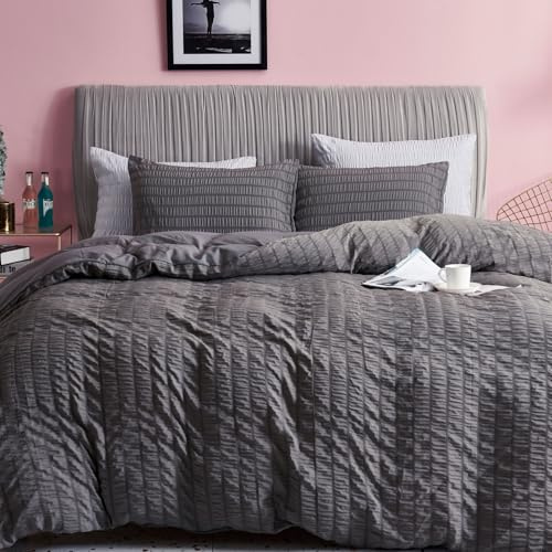 Freyamy Seersucker - Copripiumino 220 x 240 cm + 2 federe 65 x 65 cm goffrato a righe strutturate, grigio scuro, set di copripiumino per adulti e 2 persone, in microfibra con cerniera