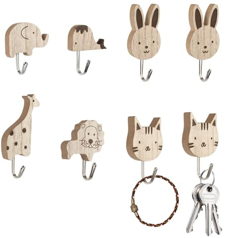 xianynow Lot de 8 Patères Autocollantes en Bois - Motifs Animaux Mignons, Patères pour Enfants pour Chambre, Salle de Bain et Cuisine