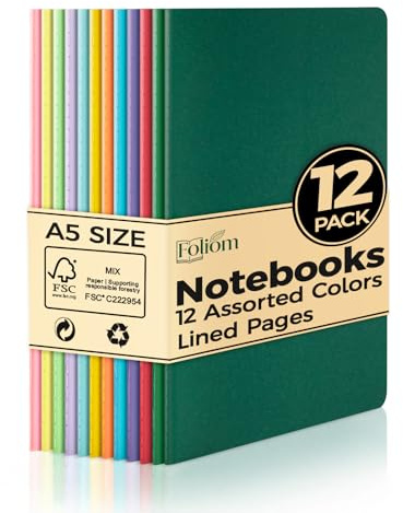 12 Pack A5 Lined Colorful Kraft Notebooks, 60 Pages, 230g Thick Cover | 8.3x5.5 Inch Softcover, 12 Assorted Colors For School, Office & Travel, Stitch-Bound 180° Lay-Flat