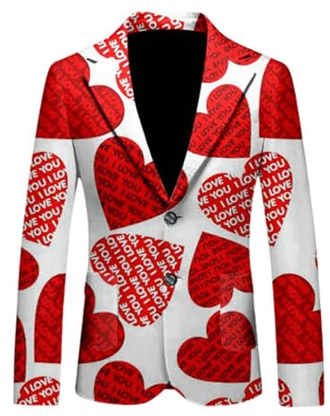 Gefomuofe Sakkos para hombre Chaqueta deportiva de ocio con estampado de corazón chaqueta de traje con un botón de negocios para San Valentín Boda Chaqueta festiva esmoquin, rojo, L
