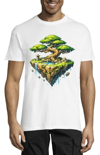 Flytande ö med forntida träd och vattenfall rund hals bomull herr t-shirt vit