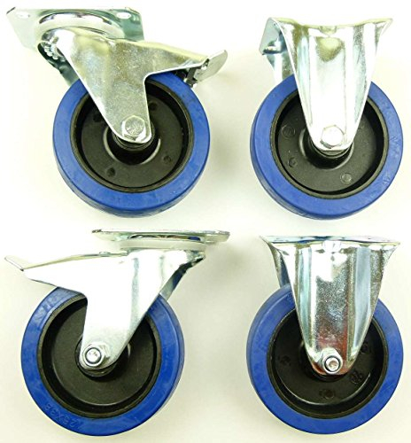 1 Satz 125mm Blue Wheels Lenkrollen mit Bremse/Feststellbremse + Bockrollen, Transportrollen Blau, 200kg / Rad - INDUSTRIEQALITÄT (2x Brems + 2x Bock)