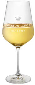 AMAVEL Calice da Vino Bianco in Vetro con Incisione Personalizzata con Nome e Data, Motivo Corona, Bicchiere da Collezione, Idea Regalo di Compleanno o Natale