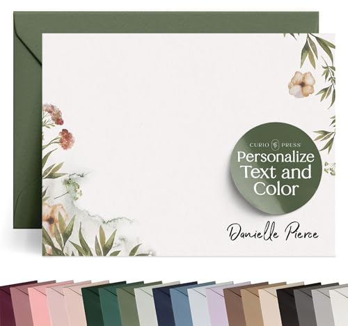 Curio Press Personalized Stationery, Customized Wildflower Watercolor Notecard, Cards with Envelopes, Floral Stationary for Women - Wildflowers Flat