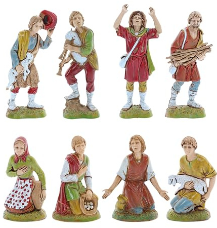 Moranduzzo Ensemble de 8 Bergers pour Crèche de 10 Cm Échelle 1:20-Figurines de Crèche Indestructibles-Style 700', Peinture Finition à la Main, Produit Officiel, Fabriqué en Italie, Sculpteur M. Landi