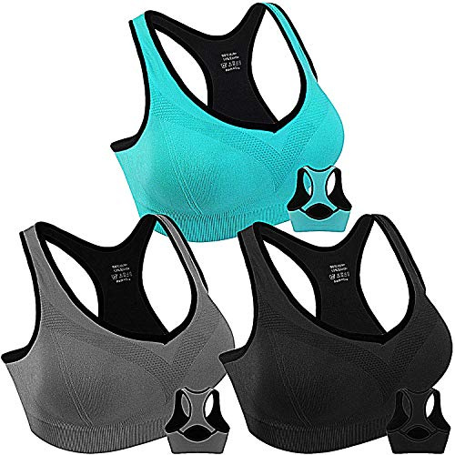 Double Couple Women Racerback Sports Bras for Women High Impact Workout Yoga Gym Fitness Bra Black+Blue+Grey Medium