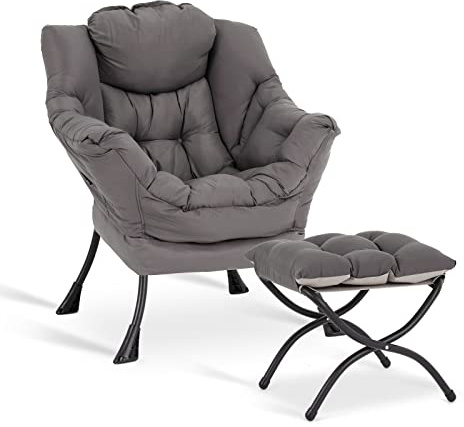 LITA Lazy Chair with Ottoman, Modern Accent Leisure Upholstered Lazy Sofa Armchair, Contemporary Lounge Reading Chair with Armrests and a Side Pocket for Living Room, Bedroom & Small Space, Dark Grey