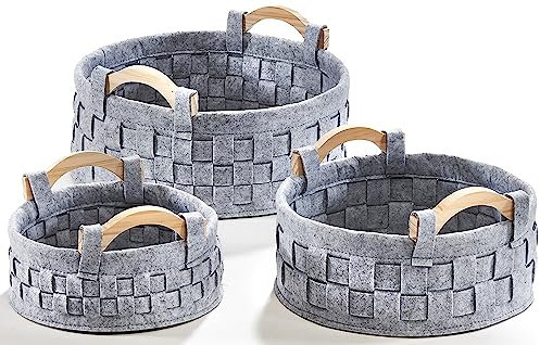 Kobolo Regalkorb Aufbewahrungskorb Set - Filz geflochten - grau - 3 Größen - mit Holzgriffen - rund