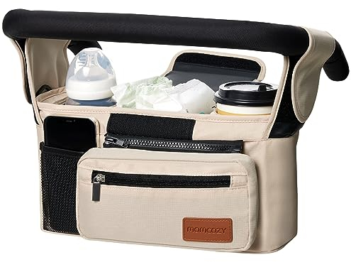 momcozy Kinderwagen Organizer Universal mit Isolierten Getränkehalter/Becherhalter, Buggy Kinderwagentasche Baby Zubehör mit Reißverschlusstasche, Schultergurt und Stauraum für Windeln&Handys