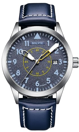 BOLYTE Orologio da polso da uomo meccanico automatico a carica automatica, con data, militare, sportivo, con cinturino in pelle, Blu, Militare