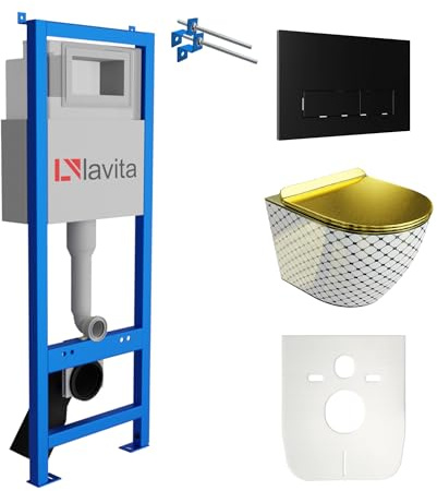 Lavita LAV 101 Elemento a parete per WC 40 cm + WC sospeso a parete con profondità di scarico SOFI SLIM CHECKED GOLD senza brida + Piastra di comando LAV 200.3.4 Nero | Set completo | Cassetta di