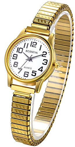 JewelryWe Paar Uhren Elastisch Edelstahl: Analog Quarz Pärchen Armbanduhr Gold Edelstahl Stretch-Armband Partneruhr Freundschaftsuhr mit großen arabischen Zahlen Zifferblatt für Herren Damen