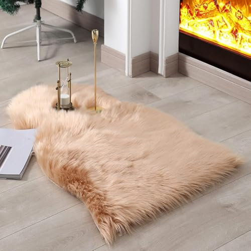 JXLOULAN Fluffy Faux Sheepskin Rug Light Brown 75x120 cm- Hypoallergenic Non-Shedding Area Rug for Living Room/Bedroom/Kids Room, Cloud-Like Soft & Machine Washable