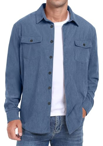 QIXING Men's Corduroy Button Down Shirts Long Sleeve Shacket Trucker Jacket Autumn Winter Coats with Flap Pockets (Light Blue, L)