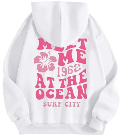 HUIFUAO Huvtröja för kvinnor, överdimensionerad tröja för kvinnor, Meet Me 1962 At The Ocean Surf City, tryckt pullover, topp