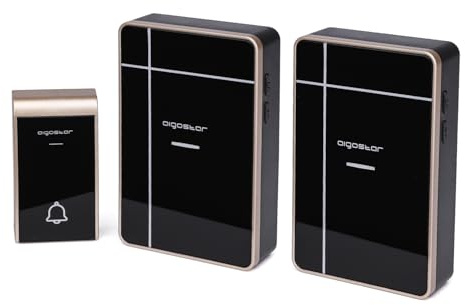 Timbre Digital inalámbrico, Funcionamiento a Corriente Continua, configuración de uno a Dos, Color Negro y Dorado; útil para alertar visitas.