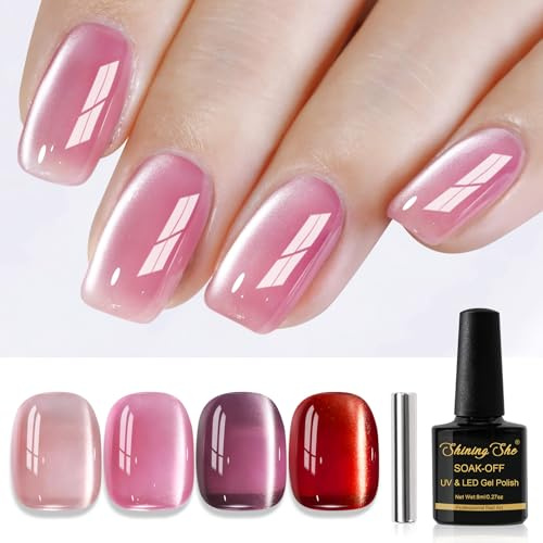 Shining She Gel Nail Polish Magnetic, 4 Colours Nude Pink Red Cat's Eye Gel Polish with Magnet Soak-Off UV/LED Jelly Glass Crytal Gel Nail Polish for Nail Art Salon DIY Home, 8 ML
